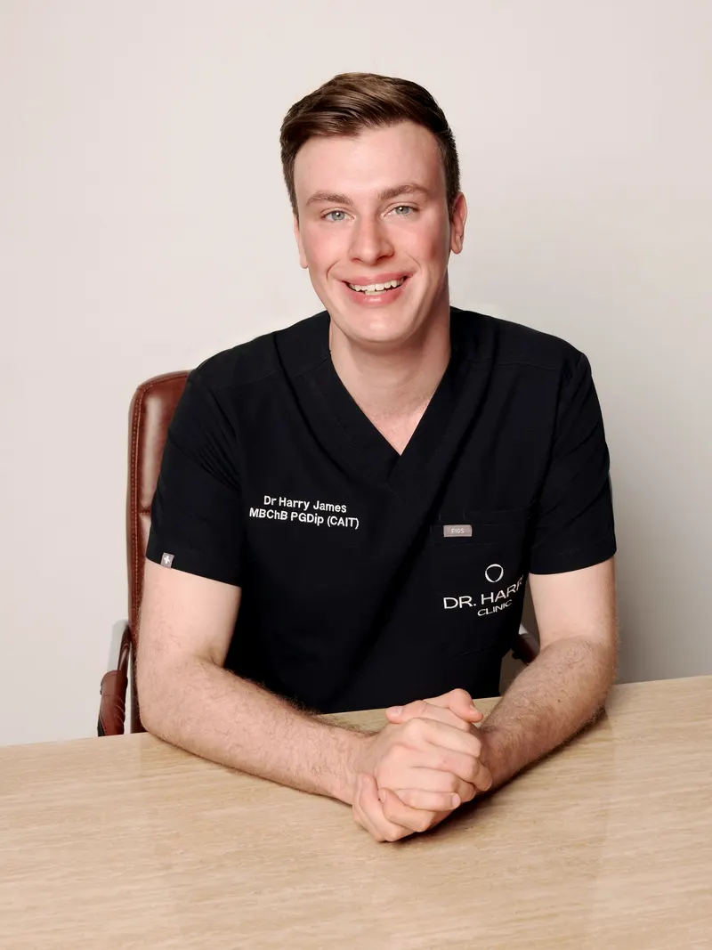 Dr Harry James smiling at the consultation desk in embroidered clinic scrubs, hands clasped in front of him.