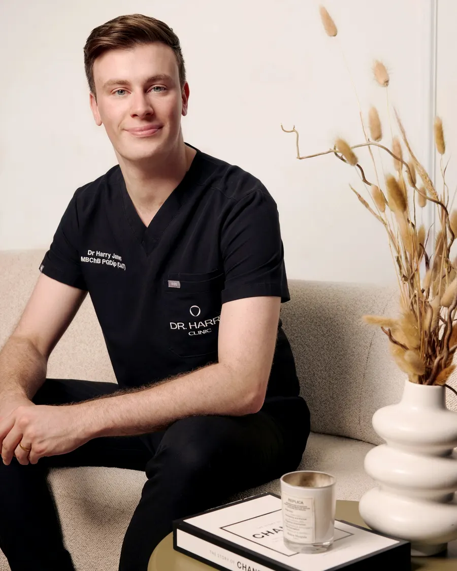 Dr Harry James seated on the clinic sofa in portrait crop, styled shelf and candle in the foreground.