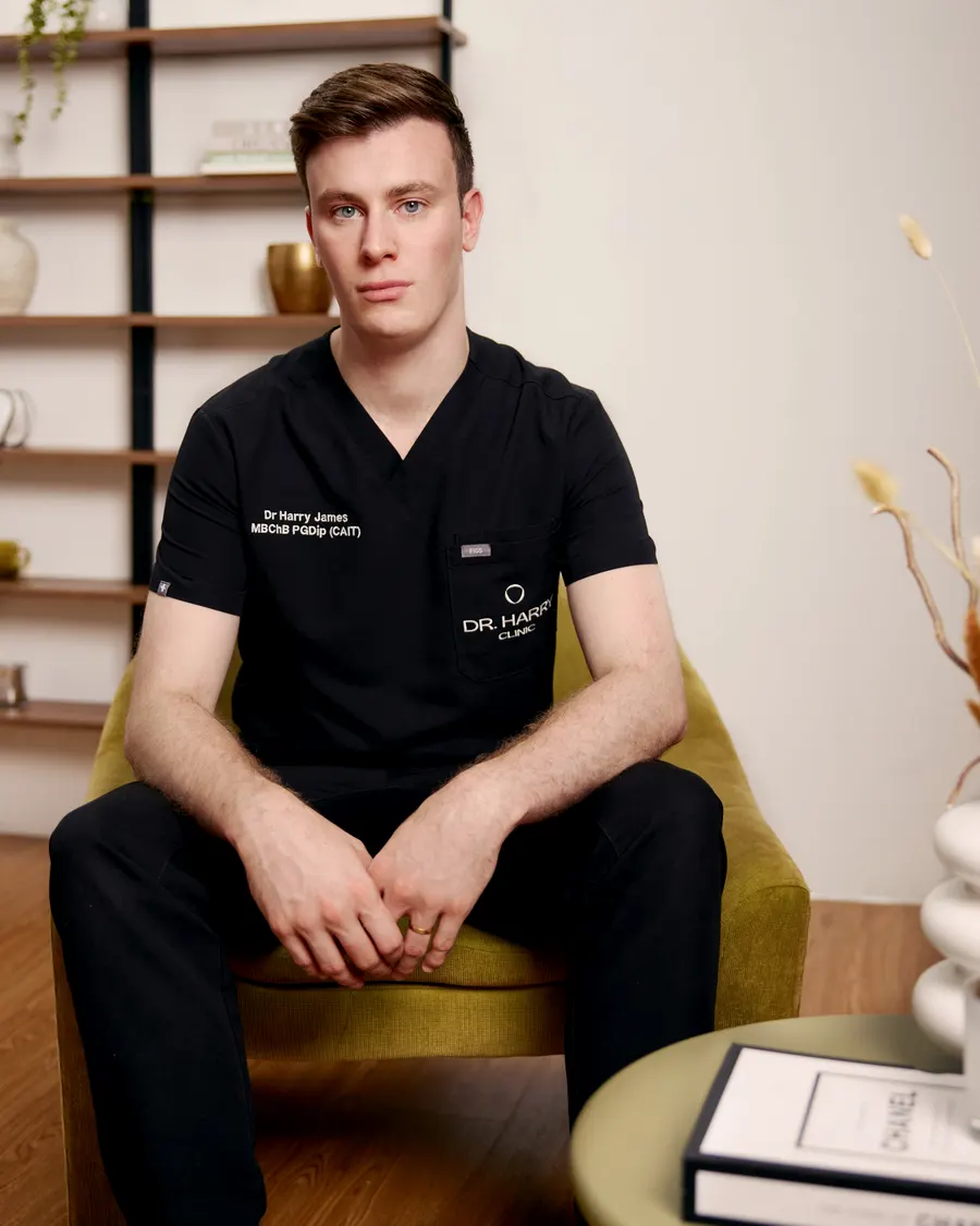 Dr Harry James seated forward in the olive armchair, styled side table in the foreground.