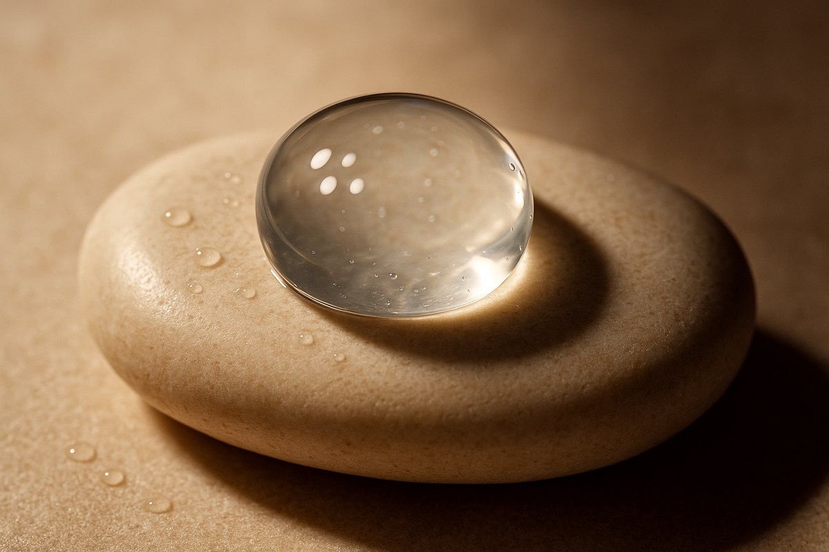 A single clear gel bead on warm cream stone surrounded by soft points of light, representing Profhilo injection points